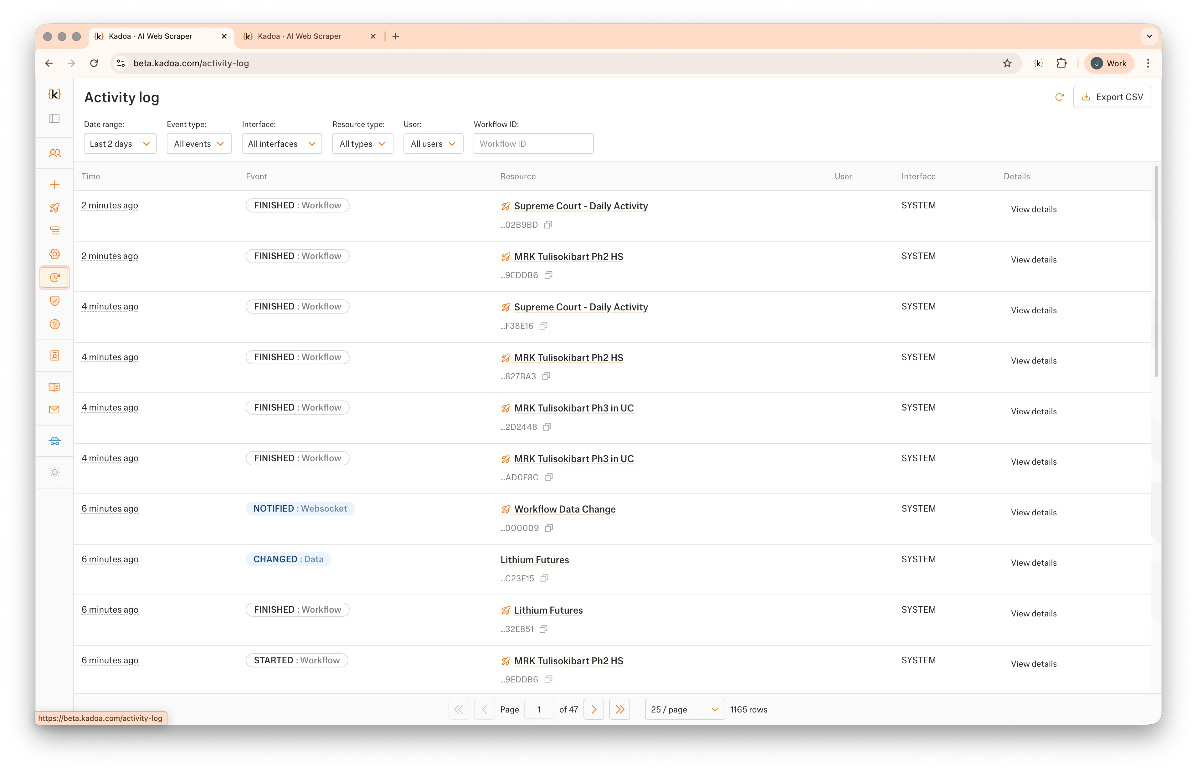 Activity Log full dashboard — filter bar, event table, paginator