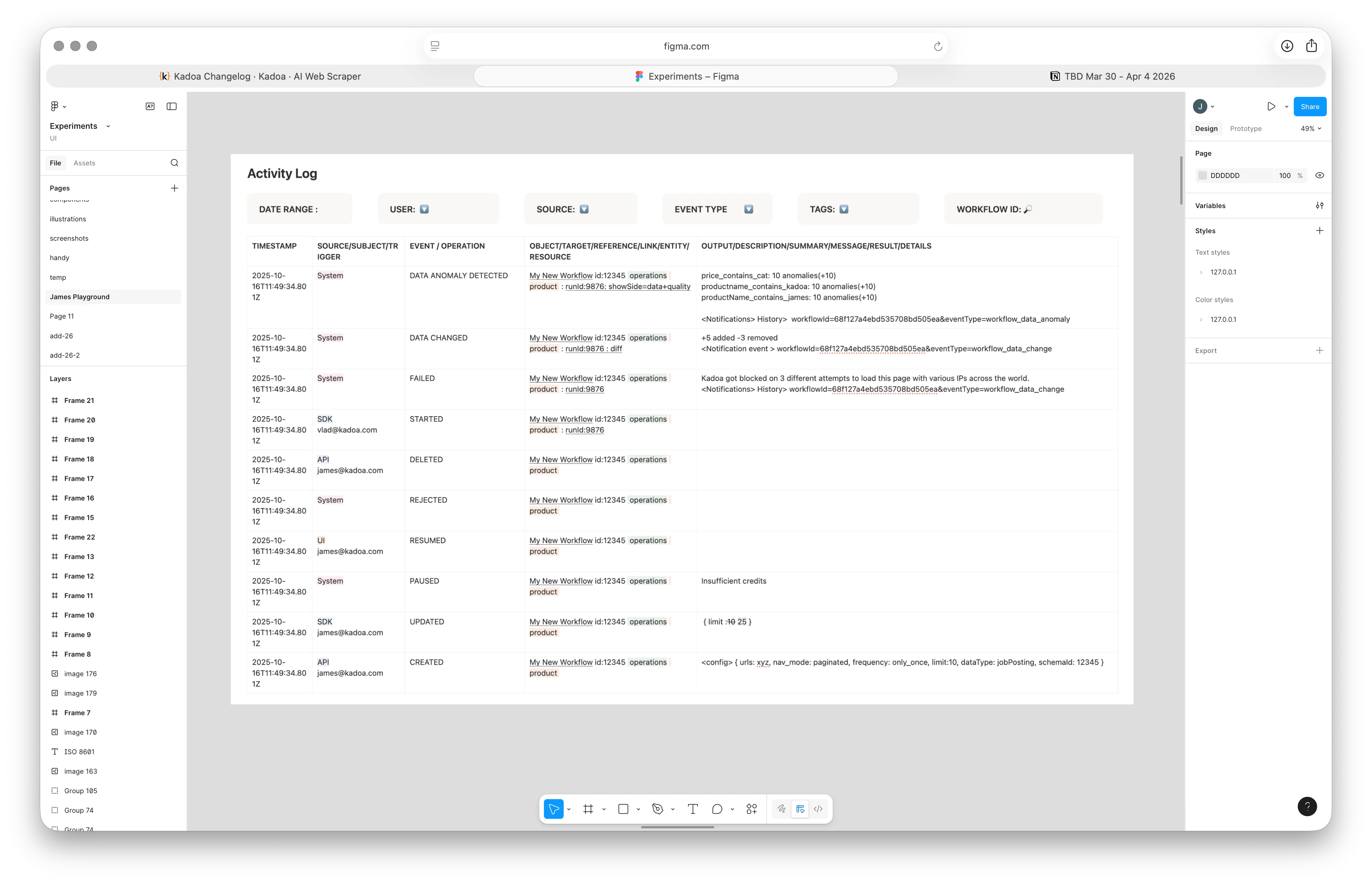 Activity Log column anatomy