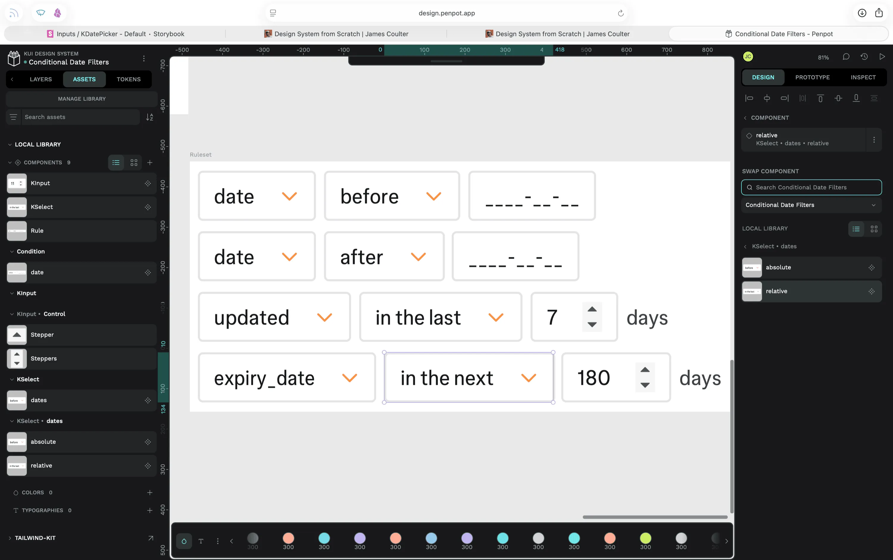 Penpot editor showing a Ruleset of five rules with the Swap Component panel exposing relative and absolute variants