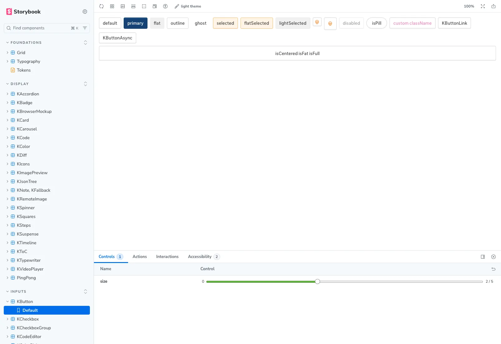 Storybook sidebar showing Foundations / Display / Inputs groups, with KButton story rendering all 8 looks plus isPill, disabled, KButtonLink, and KButtonAsync variants